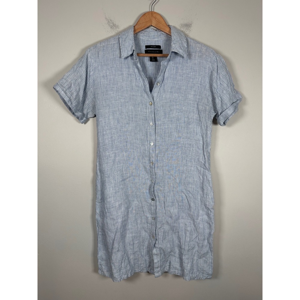 Tahari Linen Shirt Dress Womens S Blue White Striped Coastal Summer Breezy